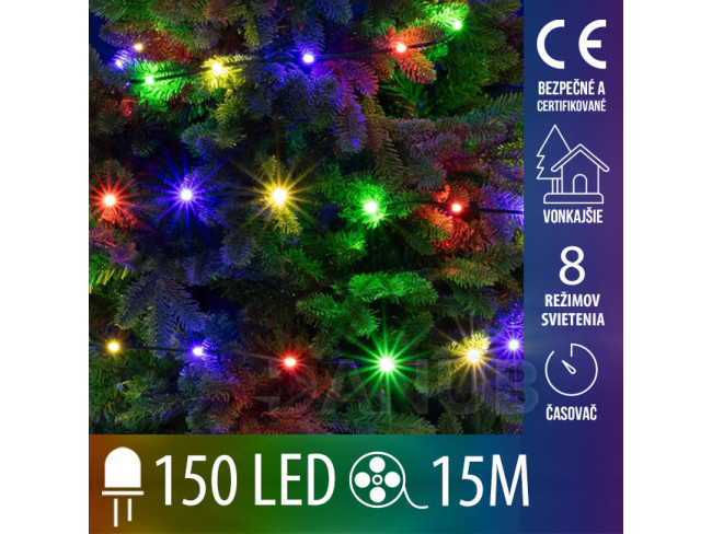 Vánoční led světelný řetěz vnější - DOT LED - 150 led - 15m - programy, časovač - multicolour