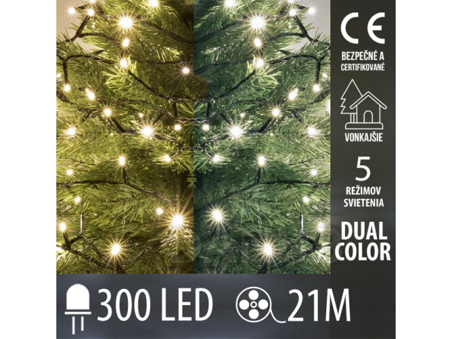 Vánoční led světelný řetěz vnější DUAL COLOR - 2v1 - programy - 300led - 21m - teplá bílá/studená bílá